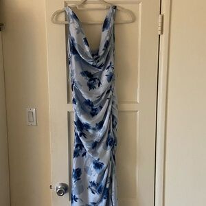 Blue Floral Ruched Off Shoulder Midi Dress Draped Side Slit Size NWT S